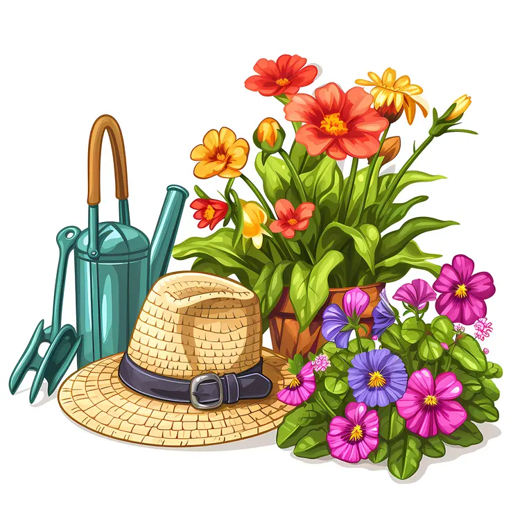 Straw Hat and Colorful Flowers with Gardening Tools