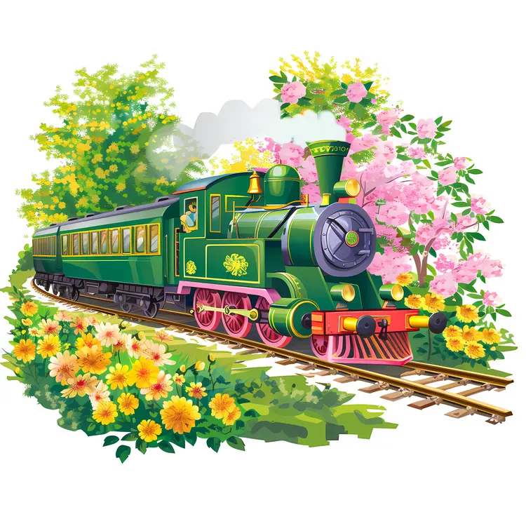 Green Train in a Floral Landscape