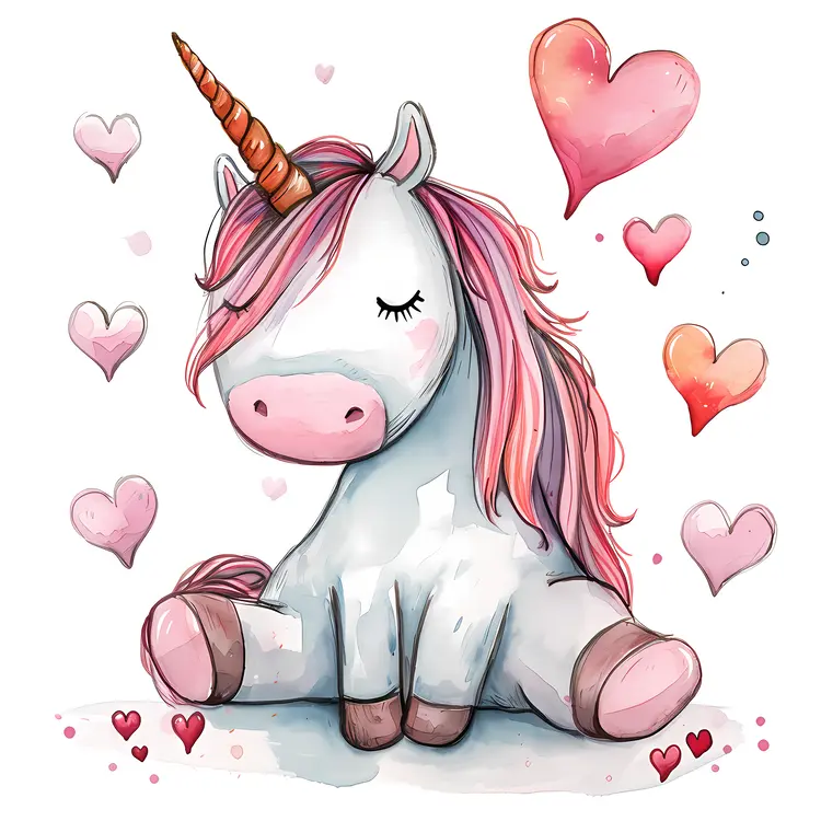 Cute Unicorn with Pink Mane and Hearts