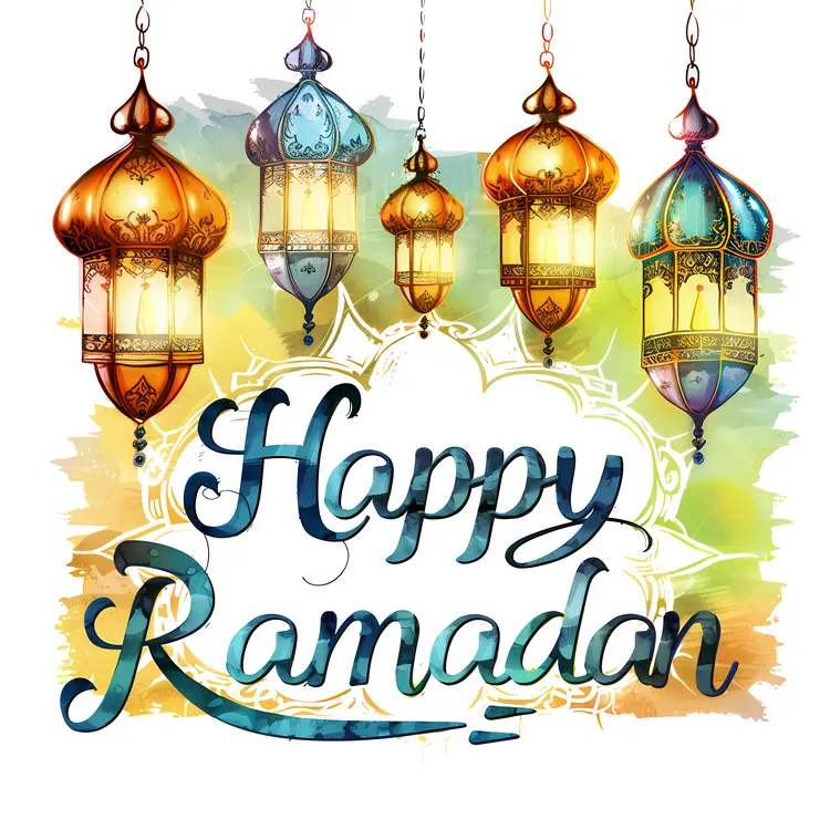 Colorful Happy Ramadan Greeting with Lanterns