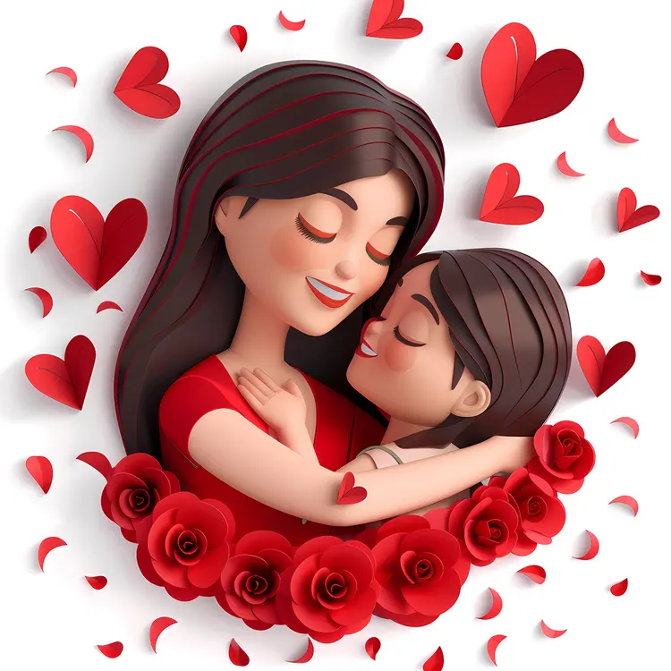 Mother and Child with Hearts and Flowers