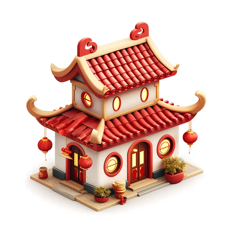 Traditional Red and White Chinese House with Lanterns
