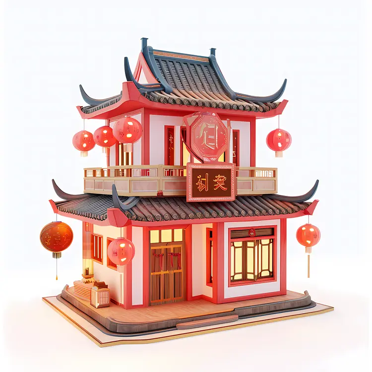 Chinese Building with Red Lanterns