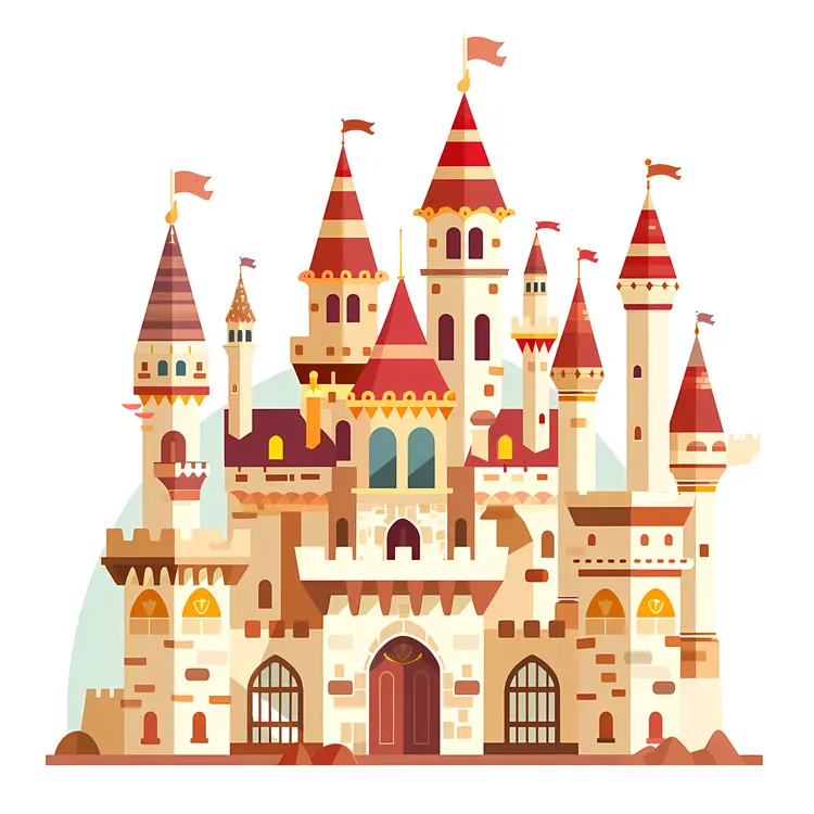 Stone Castle with Red Roofs and Flags