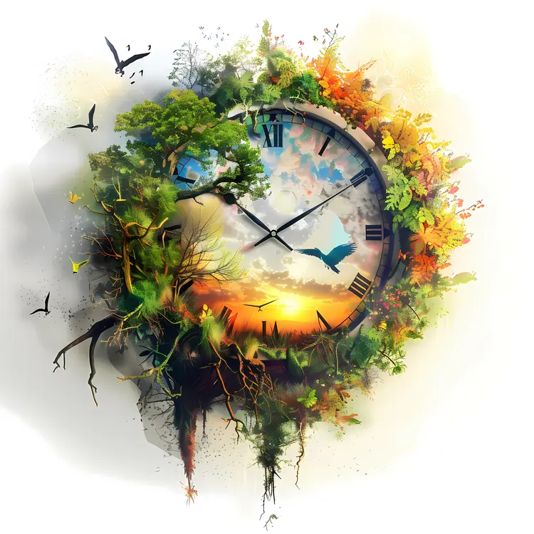 Decorative Clock with Nature Elements and Sunset