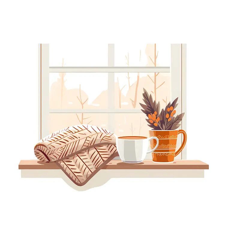 Cozy Window Scene with Mugs and Blanket