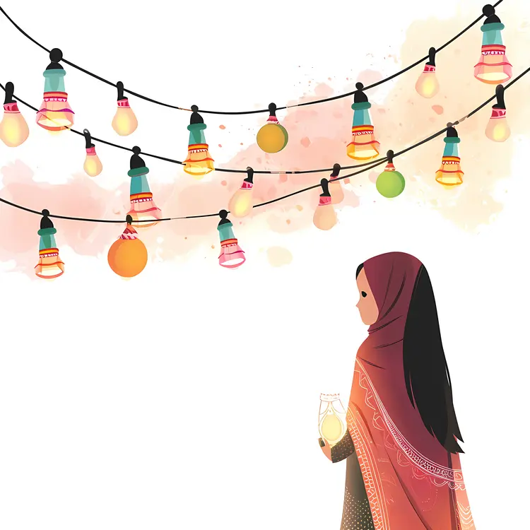 Girl with Lanterns and Festive Lights