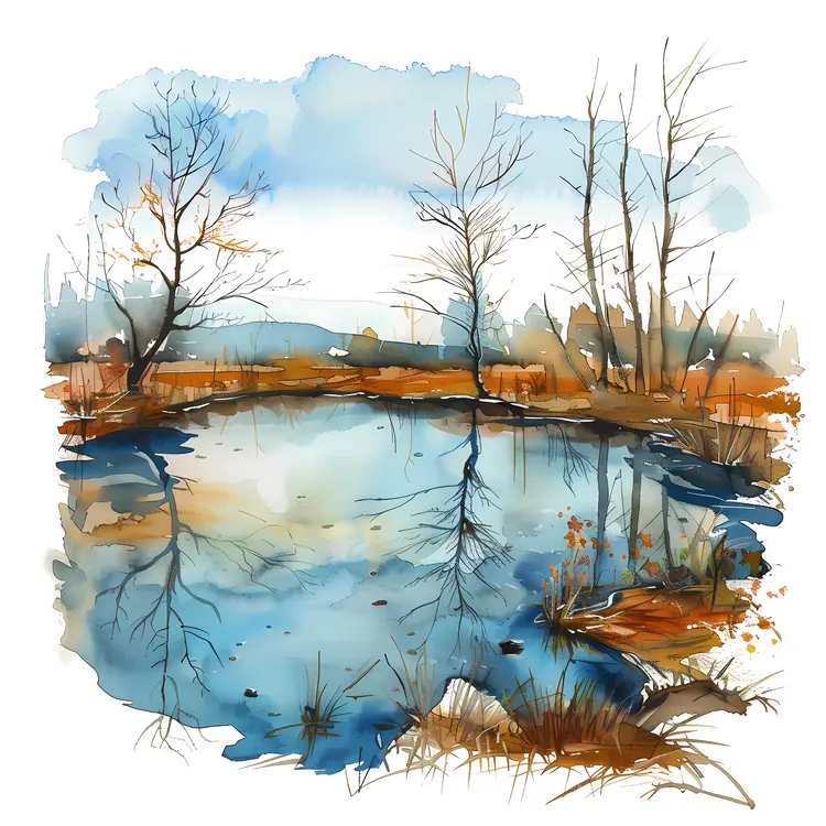 Autumn Lake with Bare Trees