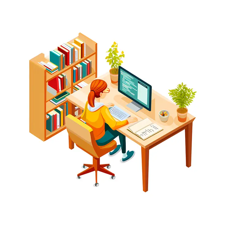 Woman Working at Desk with Computer and Bookshelf