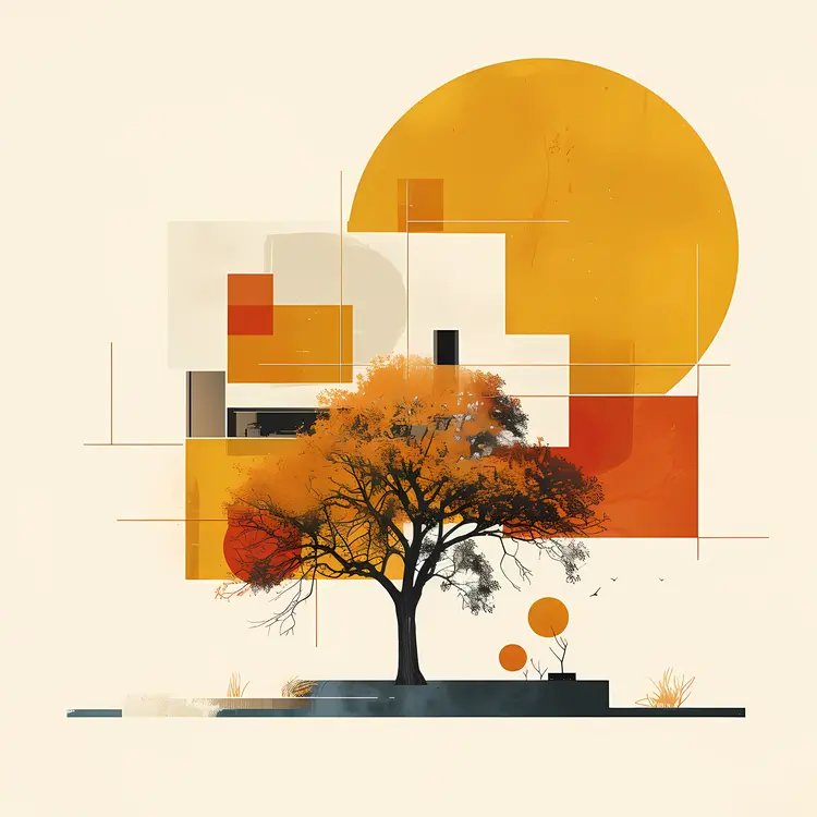 Abstract Tree with Orange Leaves and Geometric Shapes
