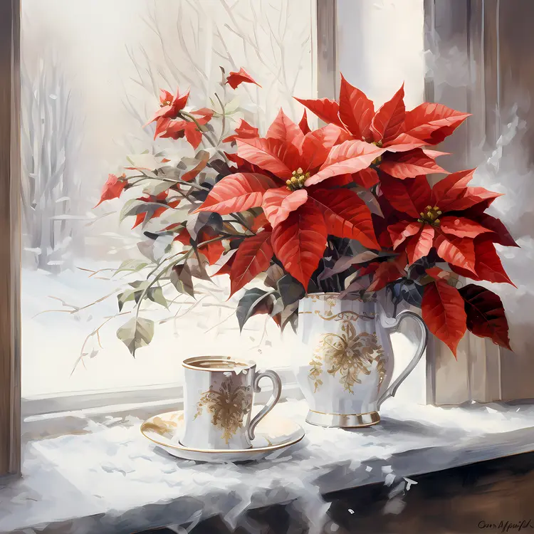 Red Poinsettia by the Window with Coffee Cup