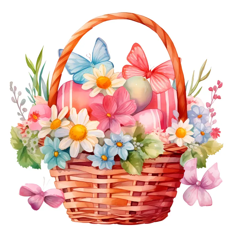 Beautiful Easter Basket with Flowers and Butterflies