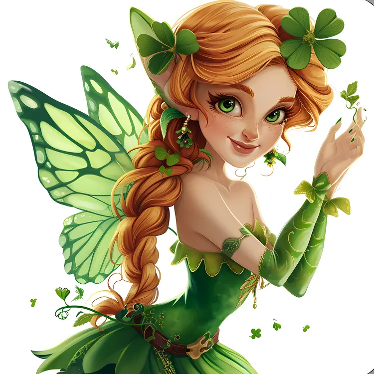 Braided Green Fairy with Clover and Wings