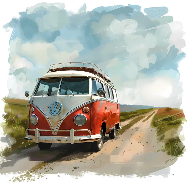 Retro Red Van on a Countryside Road
