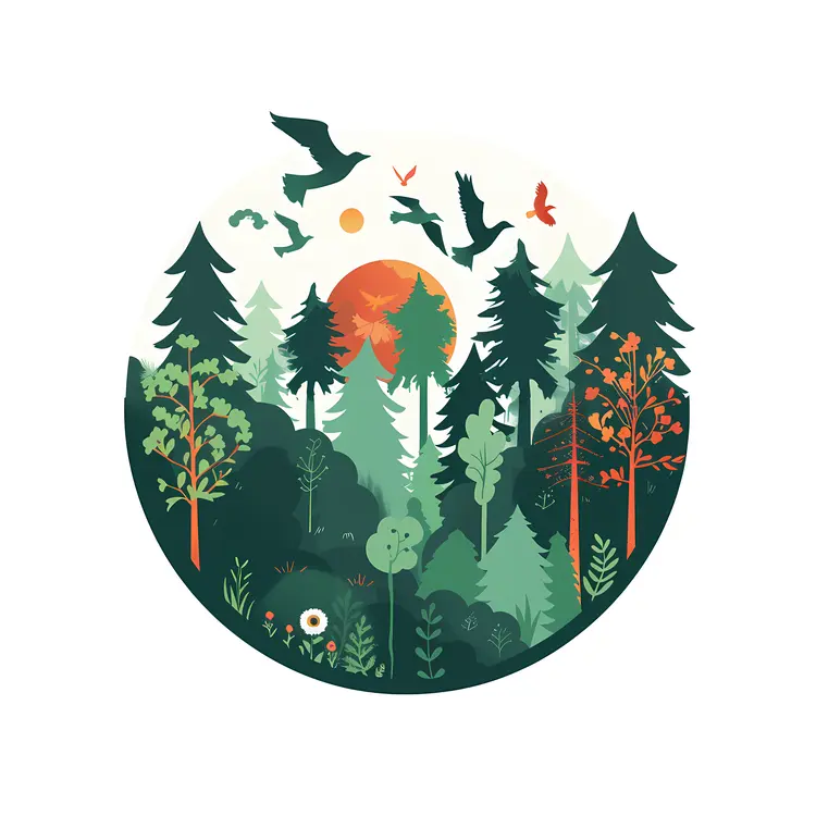 Forest with sunset and birds illustration