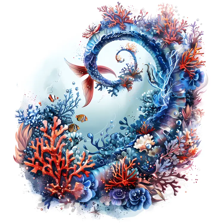Spiral Coral Reef with Fish and Seaweed