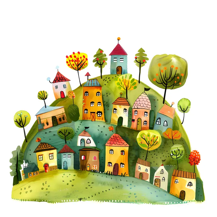 Colorful Doodle Houses on Hill