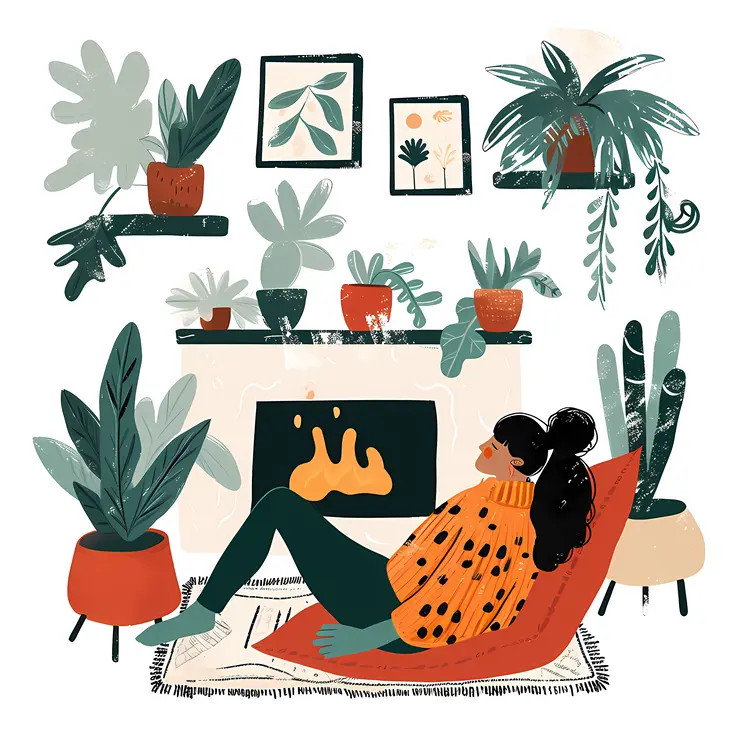Woman Relaxing by the Fireplace