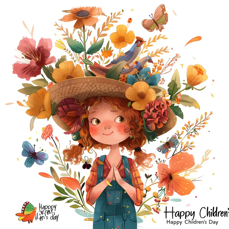 Happy Children's Day with a Girl and Flowers