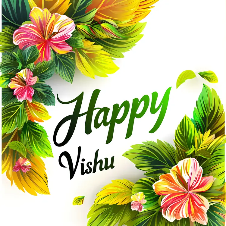 Colorful Flowers and Leaves with Happy Vishu Greeting