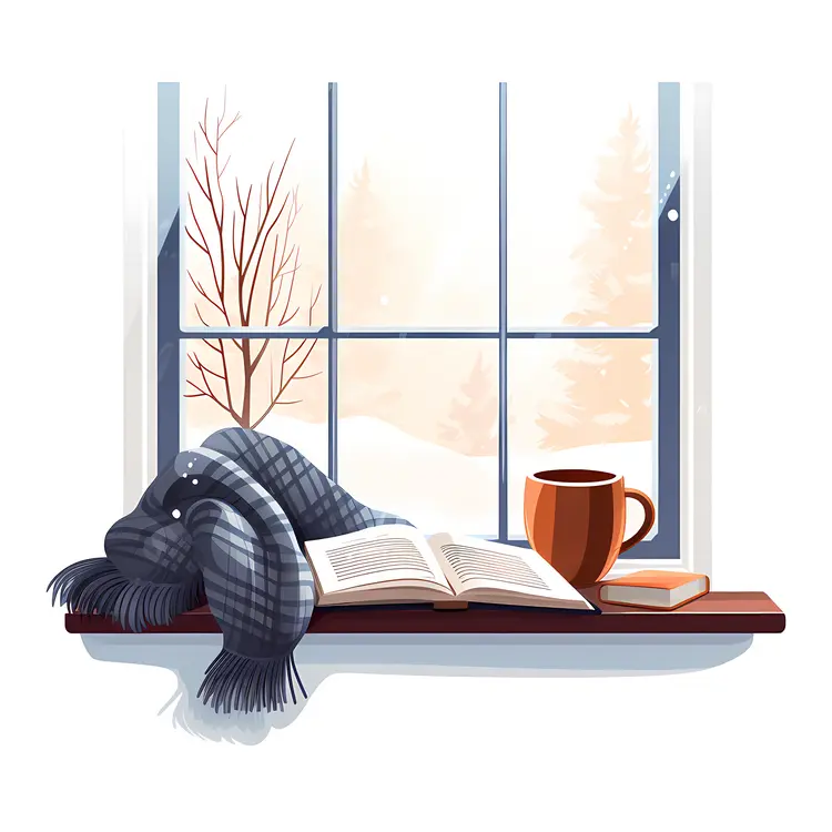 Orange Mug with Blanket and Book by Snowy Window