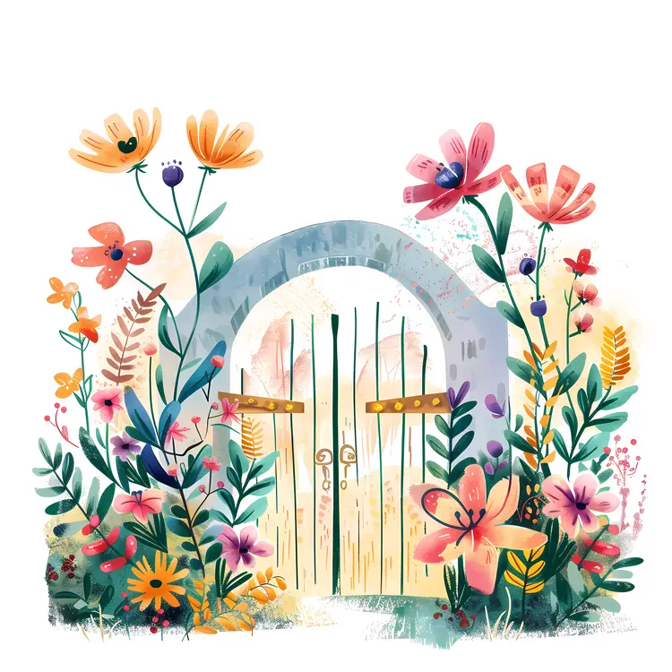 Wooden Gate with Pink and Yellow Flowers
