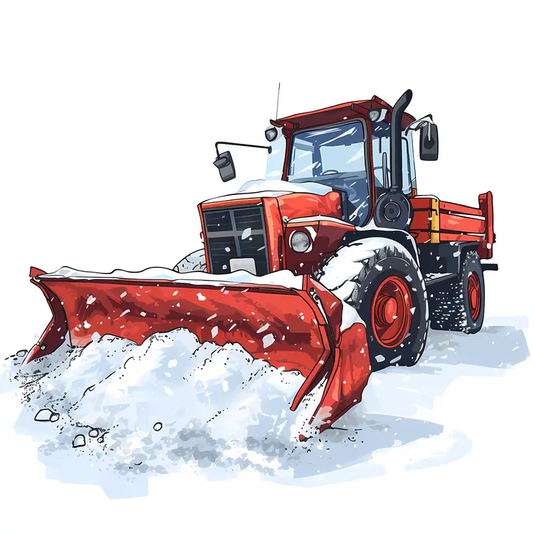 Red Snow Plow Tractor in Winter