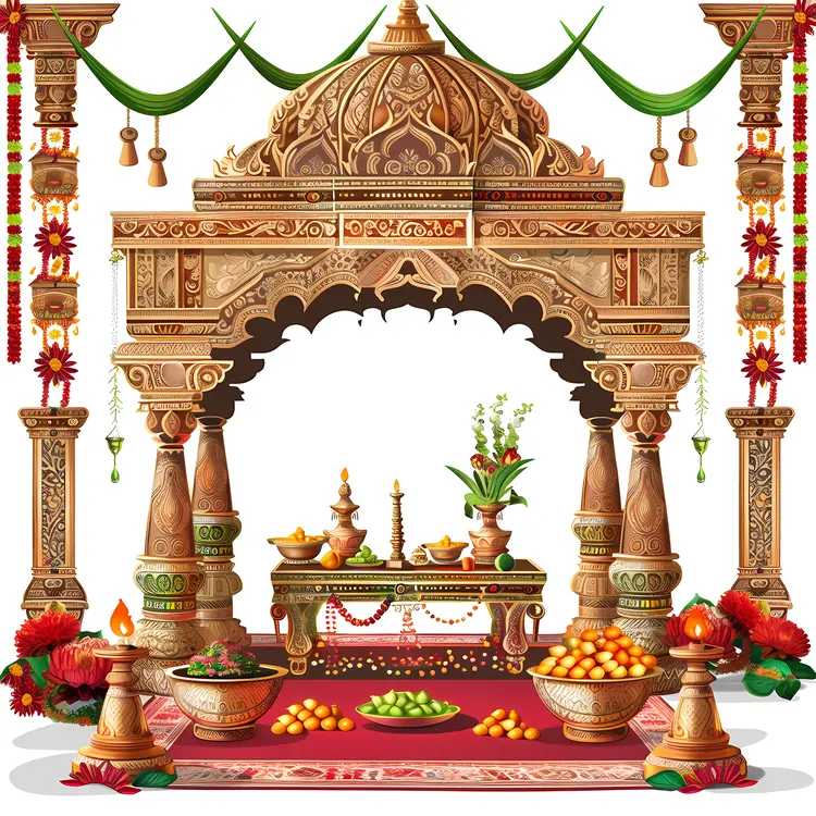 Ornate Decorative Arch with Fruits and Lanterns