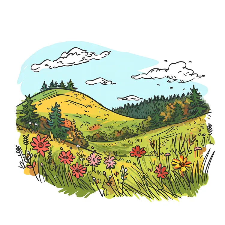 Scenic Hilly Landscape with Flowers