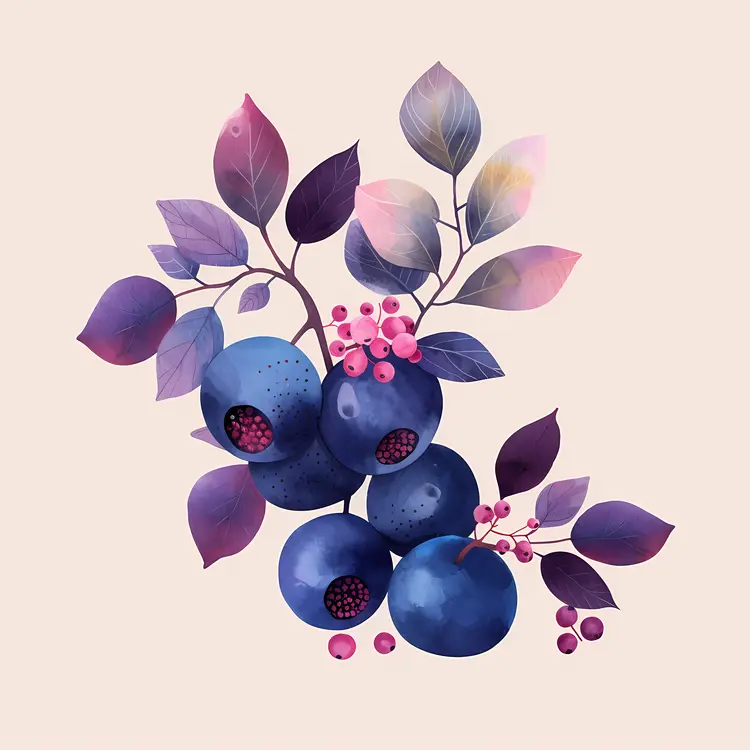 Watercolor Blueberries with Leaves