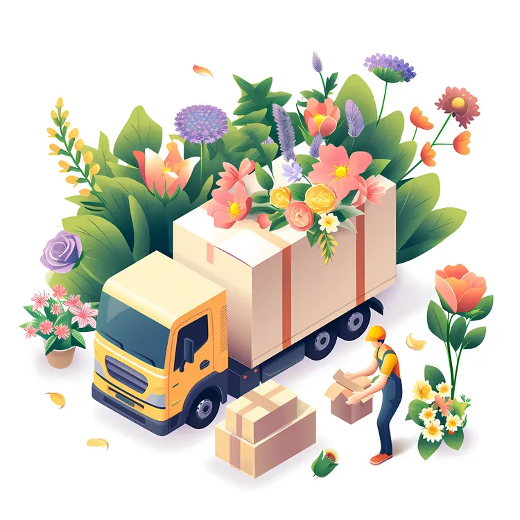 Flower Delivery Truck with Boxes and Flowers