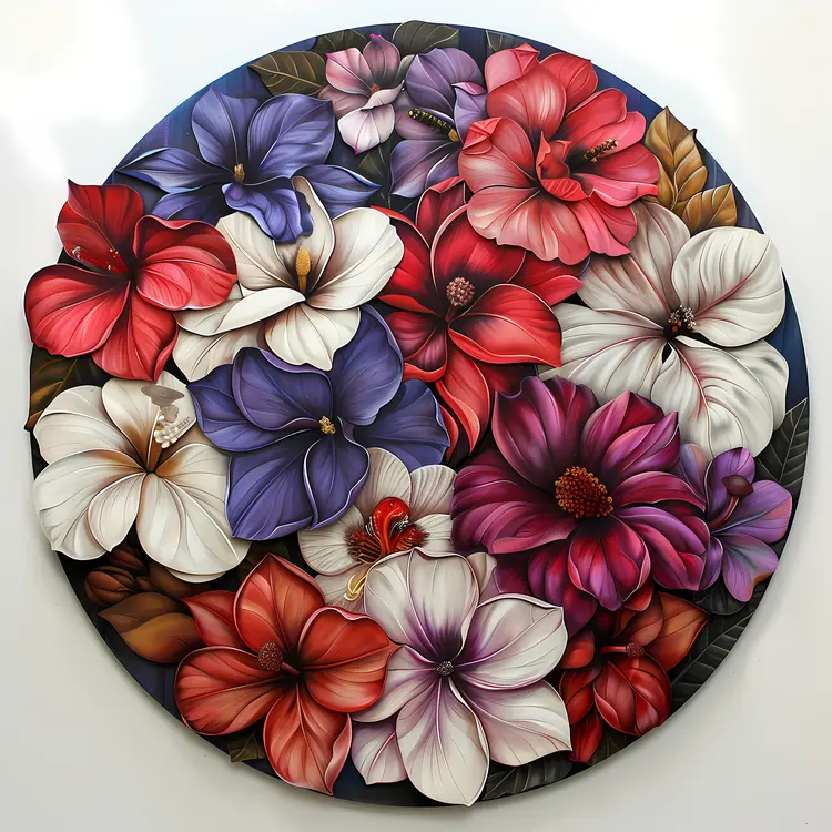 Colorful Floral Circle with Petals and Leaves