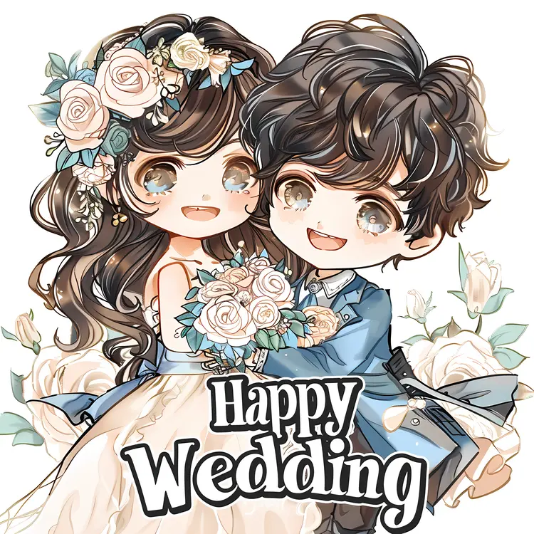 Happy Wedding Text with Cute Couple and Flowers