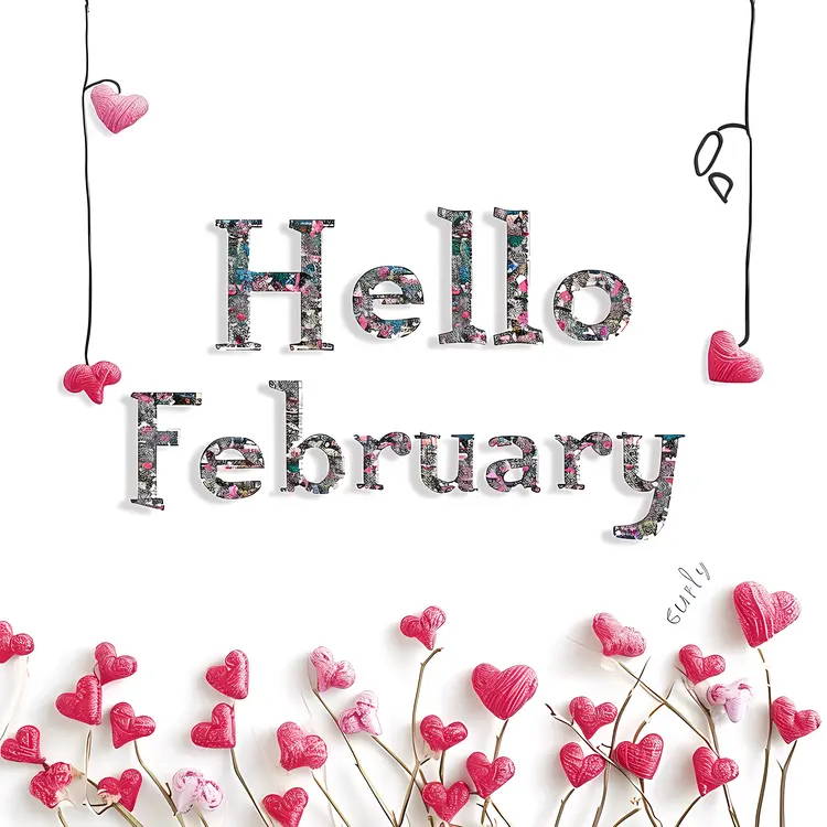 Hello February Text with Hearts and Flowers