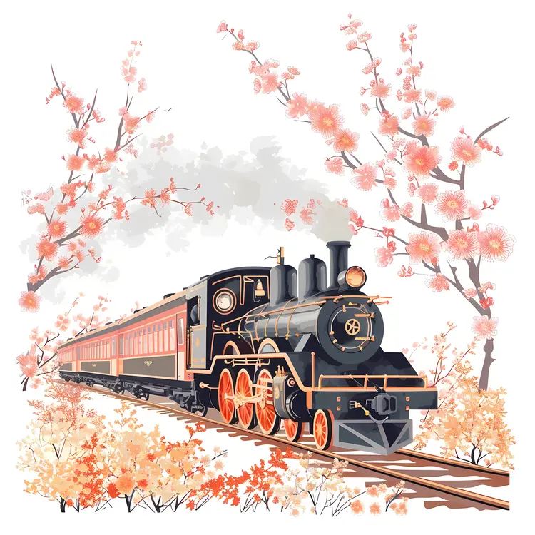 Black Steam Train Surrounded by Blossoms