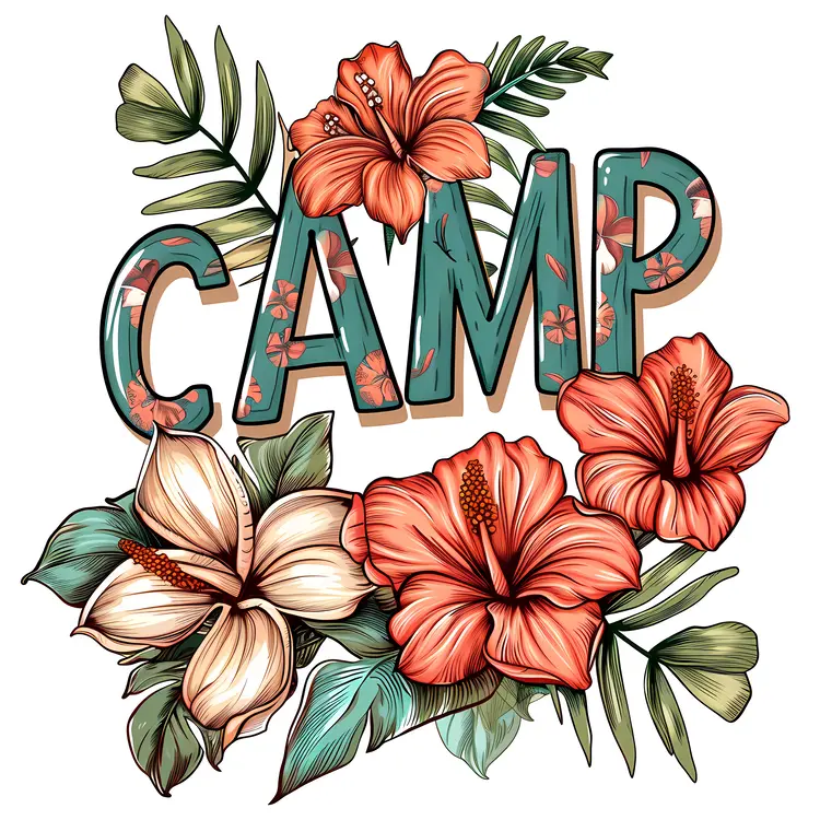 Tropical Flowers and Leaves with Camp Text