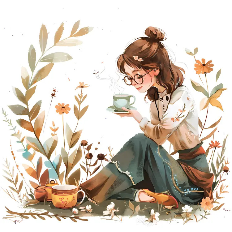 Girl with Glasses Enjoying Tea in a Garden