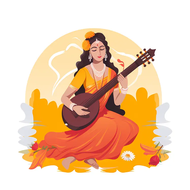 Woman Playing Guitar with Floral Background Illustration