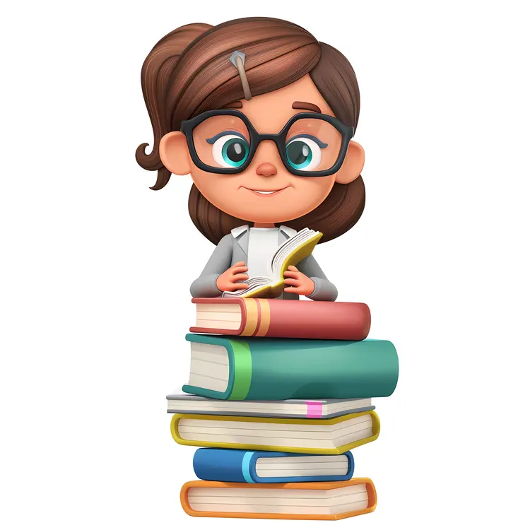 Girl Reading with Stack of Books