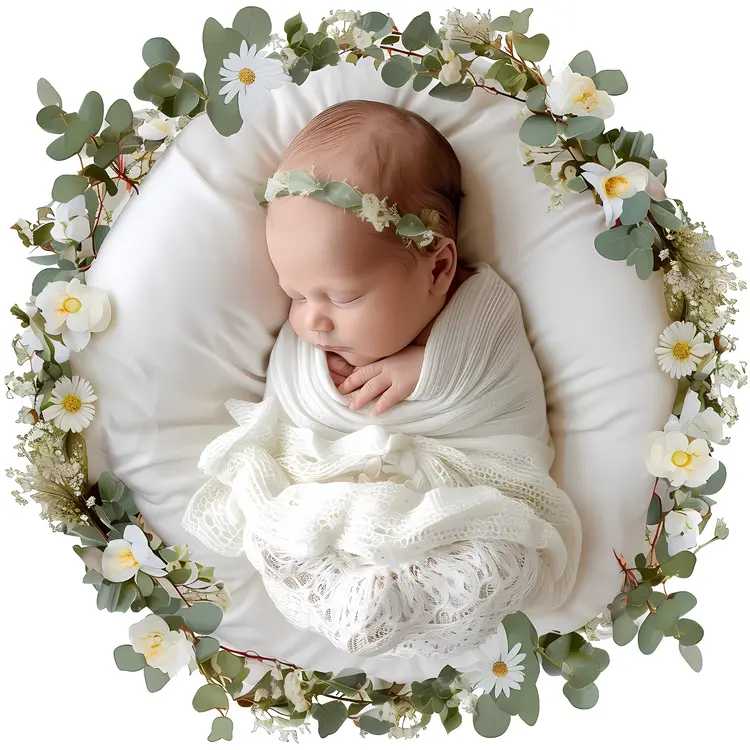 Newborn Baby Swaddled in White with Floral Wreath