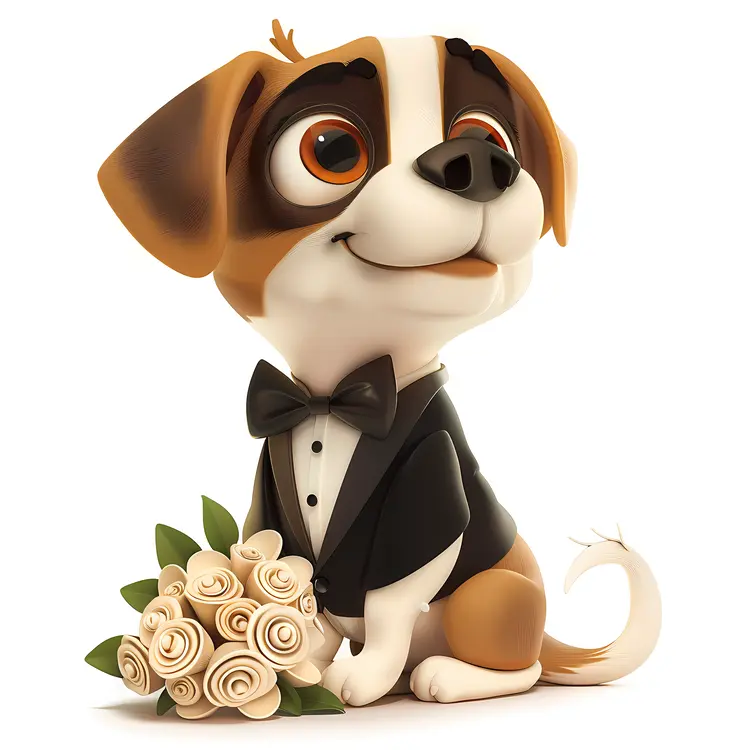 Adorable Dog in Tuxedo with Bouquet