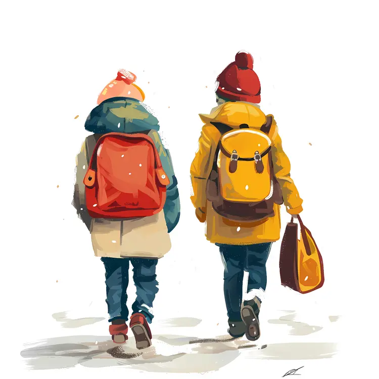 Two Children with Backpacks in Winter