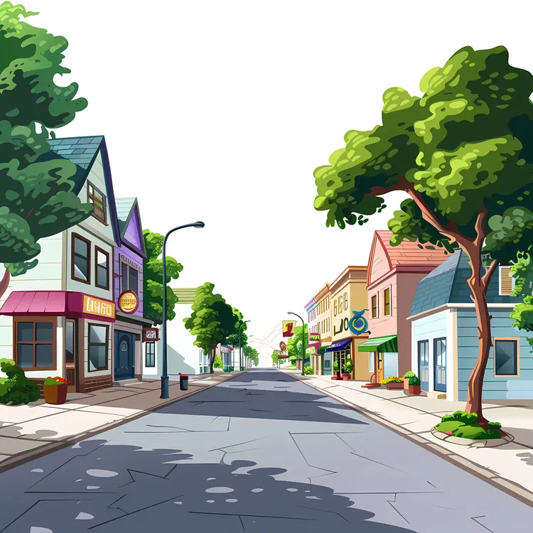 Sunny Residential Street with Shops and Trees