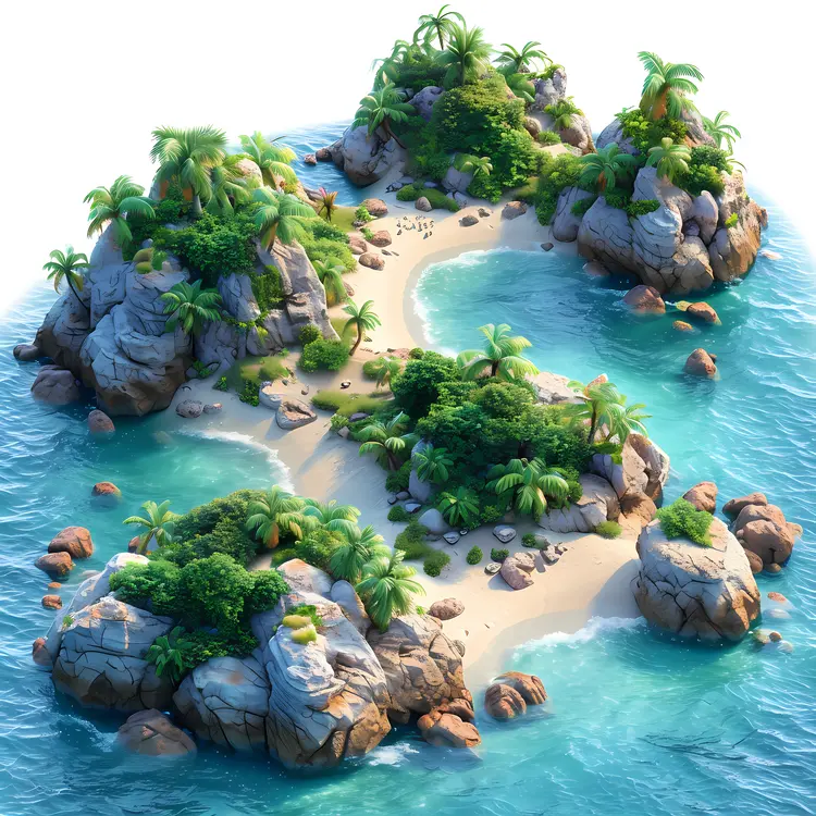 Small Tropical Island with Palm Trees and Rocks