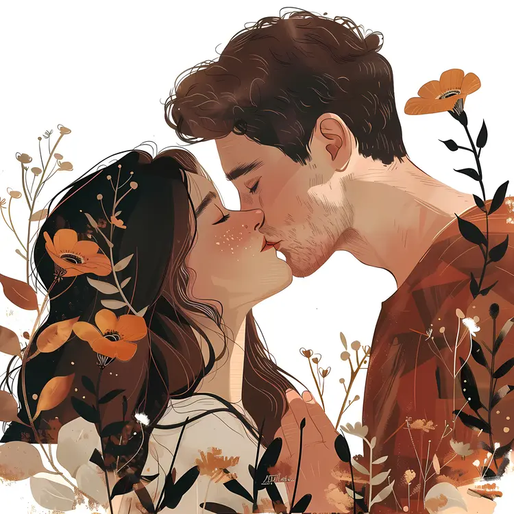 Romantic Couple Kissing with Floral Background