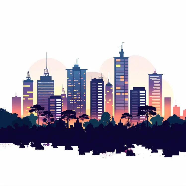 Cityscape with Trees at Sunset