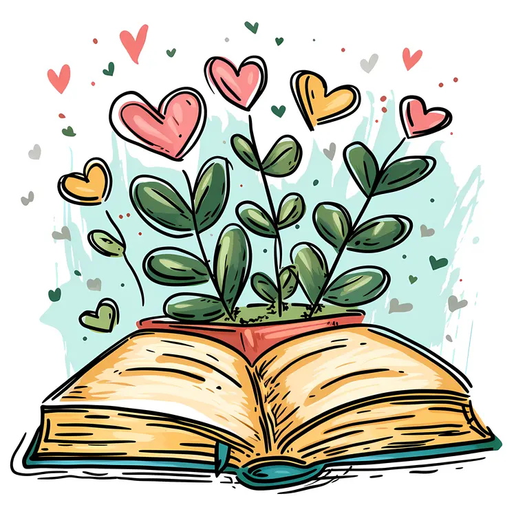 Plant in Pot on Open Book with Colorful Hearts