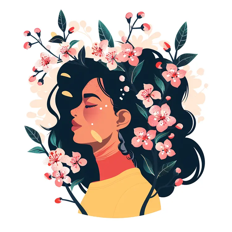 Woman with Cherry Blossoms Illustration