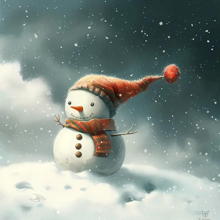 Snowman with Hat and Scarf in Winter Wonderland