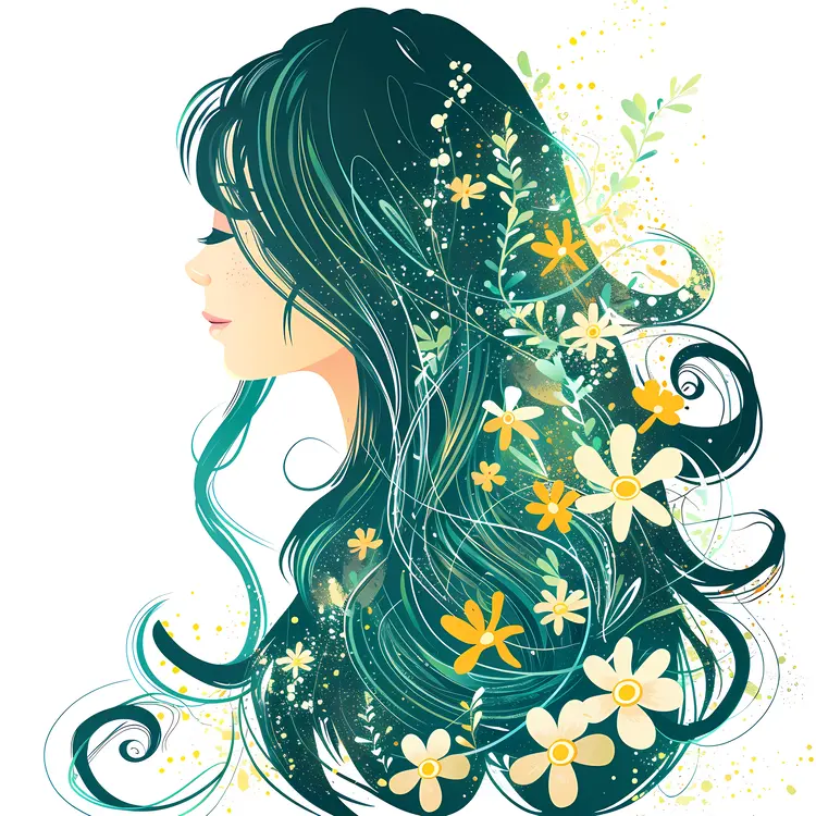 Green Hair with Flowers